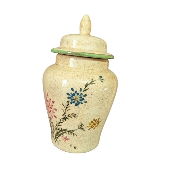 Hand-Painted Floral Ceramic Ginger Jar With Lid 7.5" Tall Vintage Speckled Beige - Picture 1 of 8
